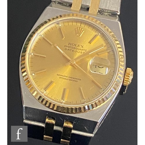 288 - A gentleman's stainless steel and gold Rolex Oyster quartz Datejust wrist watch, gilt batons and dat... 