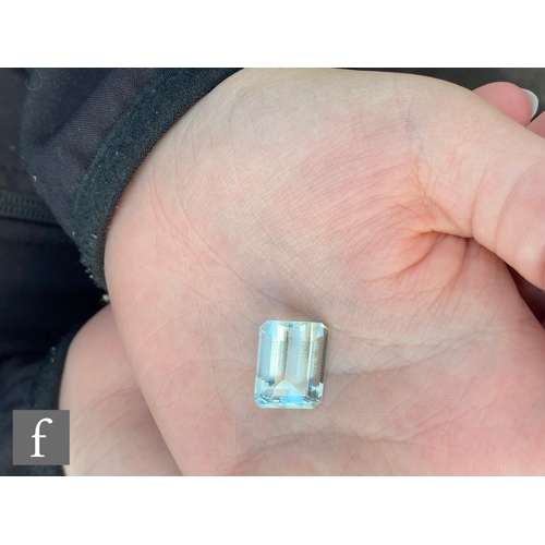 315 - A cut and polished aquamarine, emerald cut stone total weight approximately 12.25ct, unused and prev... 