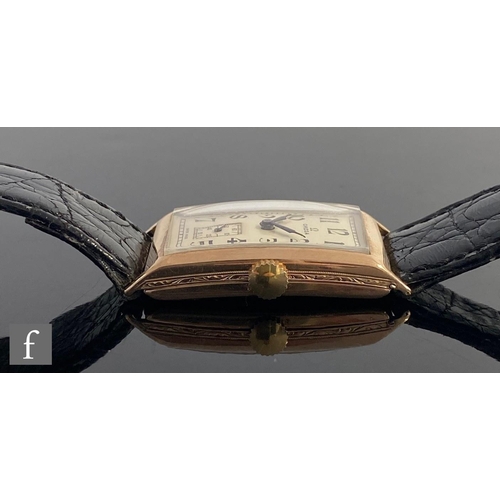 227 - A 9ct hallmarked Gentleman's, manual wind Omega wristwatch, Arabic numerals to a silvered rectangula... 