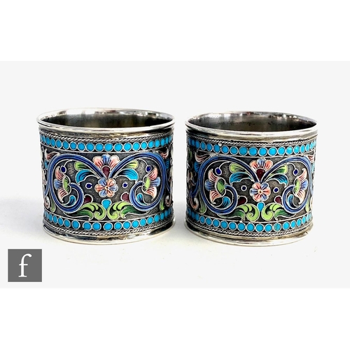 168 - Two Russian silver circular napkin rings each with cloisonne decoration, total weight 74g, 1899 Koko... 