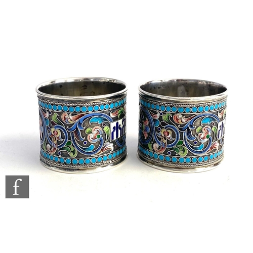 168 - Two Russian silver circular napkin rings each with cloisonne decoration, total weight 74g, 1899 Koko... 