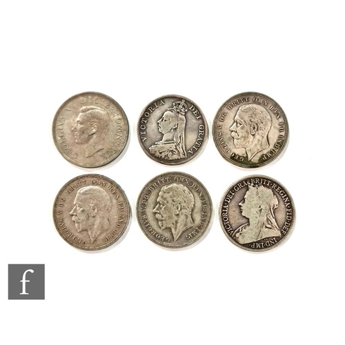 500 - Five Victoria to George V crowns dated 1896, 1935 x3 and 1937 and a double florin dated 1887. (6)