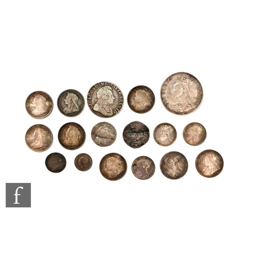 501 - Various George to Victoria coinage including a shilling 1723, a florin, sixpences, threepences and M... 