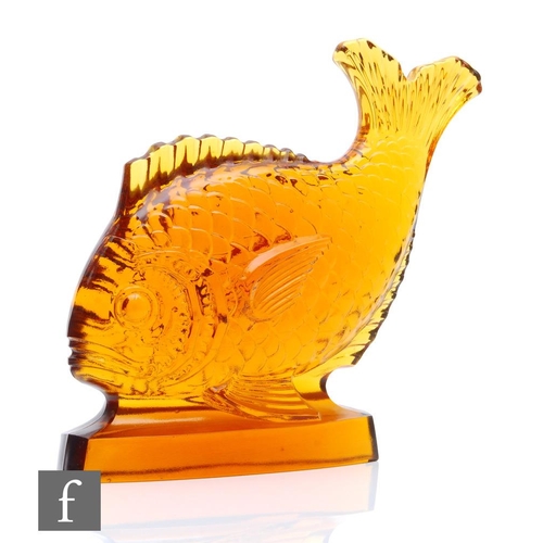 451 - A 1930s Art Deco Val St Lambert Luxval Series amber pressed glass fish modelled as a carp, by Charle... 