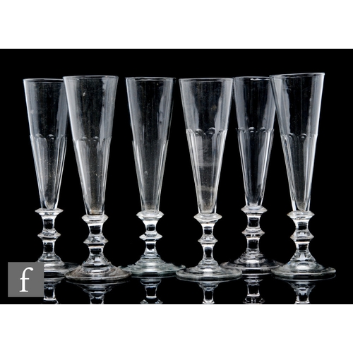 335 - A set of six 19th Century champagne flutes with slice cut bowls above a double annulated knop stem a... 