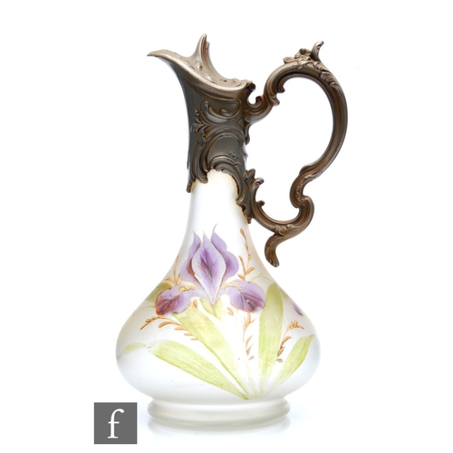 367 - A late 19th Century French claret jug, the low shouldered body hand enamelled with flag iris over a ... 