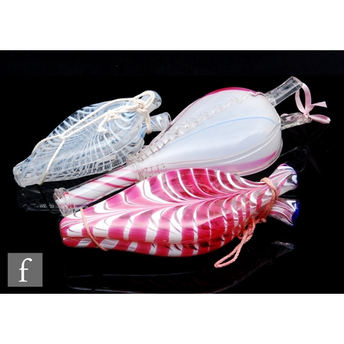 375 - A pair of 19th Century glass bellows with tonal pink and blue streaks over the white ground, length ... 