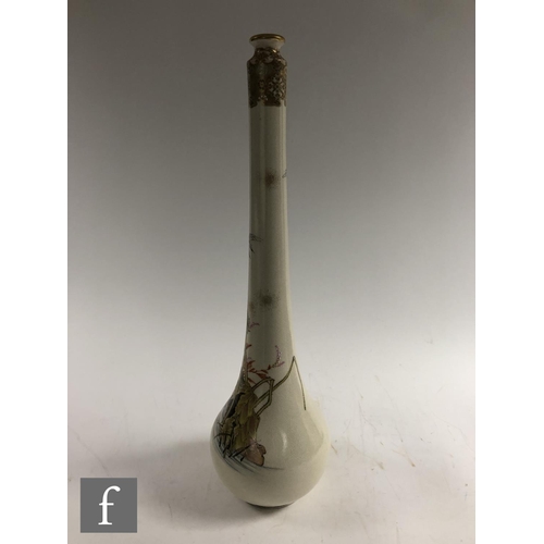 159 - A Japanese Satsuma Meiji Period (1868-1912) bottle vase, the tall slender bottle with creamy crackle... 