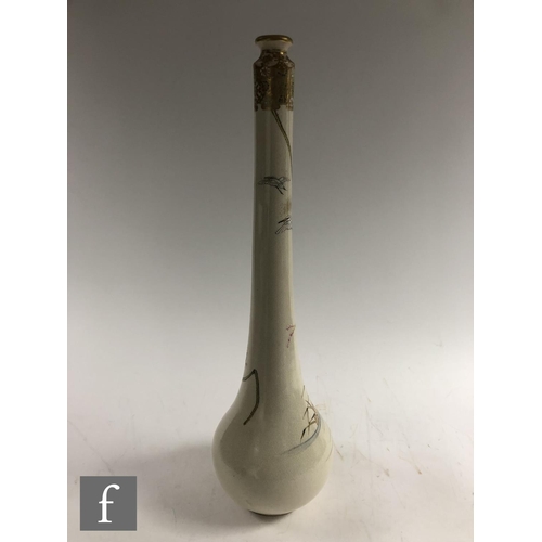 159 - A Japanese Satsuma Meiji Period (1868-1912) bottle vase, the tall slender bottle with creamy crackle... 