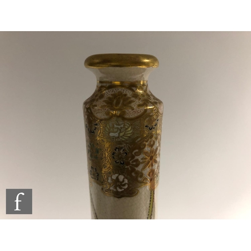 159 - A Japanese Satsuma Meiji Period (1868-1912) bottle vase, the tall slender bottle with creamy crackle... 