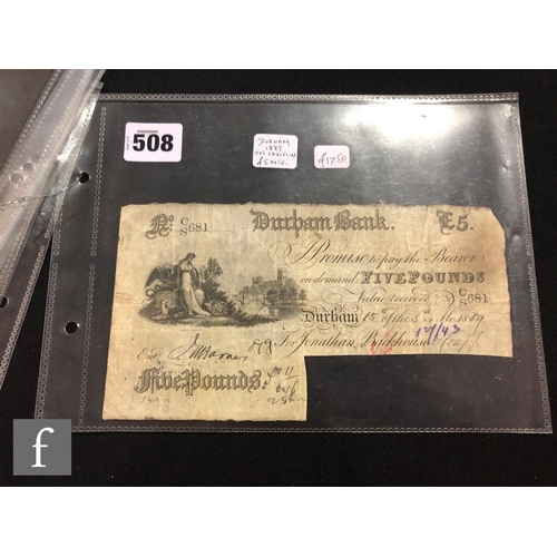 508 - A cut cancelled five pound Durham banknote no 681 dated 1889, a similar Stockton on Tees five pound ... 