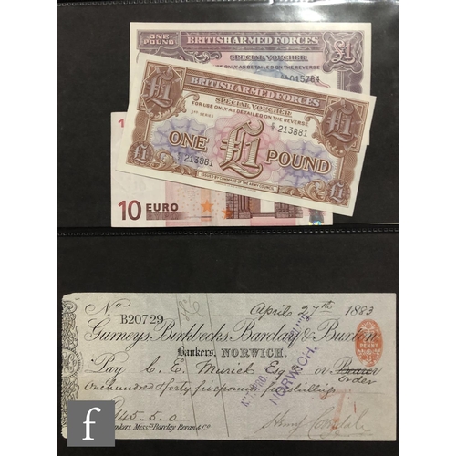 508 - A cut cancelled five pound Durham banknote no 681 dated 1889, a similar Stockton on Tees five pound ... 