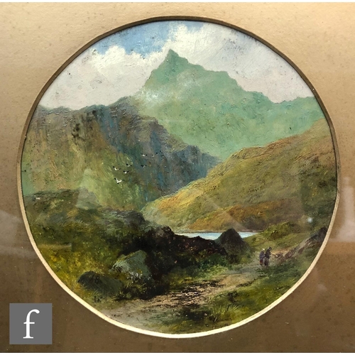 9071 - ENGLISH SCHOOL (LATE 19TH CENTURY) - Figures on a highland path, oil on board, circular, diameter 18... 