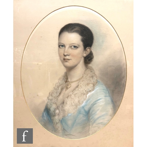 9091 - ENGLISH SCHOOL (MID 19TH CENTURY) - Portrait of a young lady in a lace collared dress and pearls, pa... 