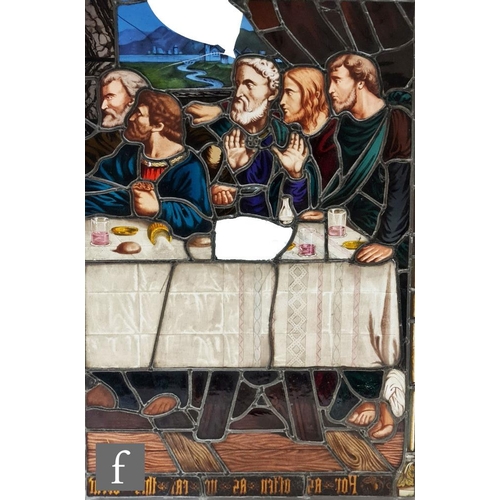 221 - A set of four 19th Century stained glass windows, two depicting the last supper 94cm x 65cm and two ... 