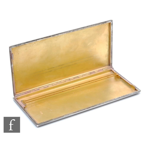 354 - A hallmarked silver rectangular, slide action cigarette case, weight 11oz, length 18cm, with engine ... 