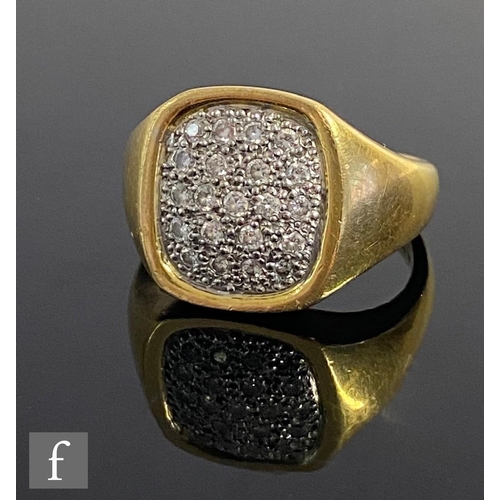 542 - An 18ct hallmarked diamond set signet ring, pave set stones to plain tapering shoulders, weight 14.5... 