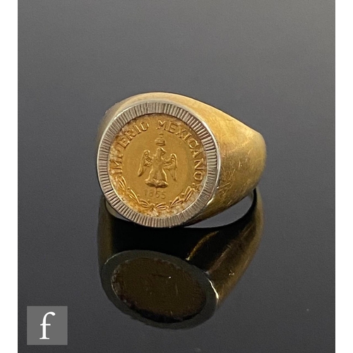 549 - An Emperor Maximillian Mexican coin ring dated 1865, mounted to a yellow metal shank possibly 18ct, ... 