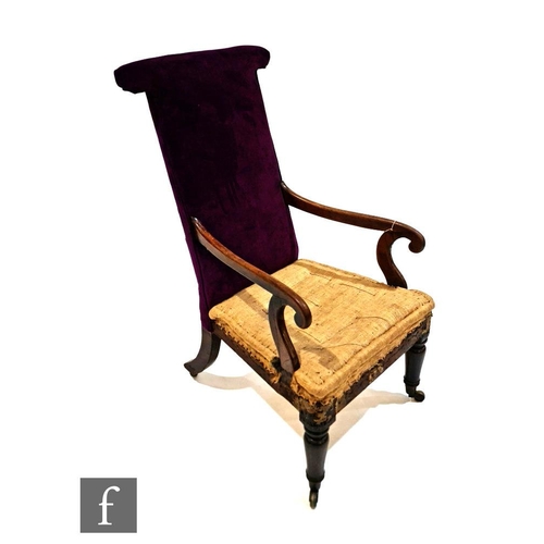 1219 - A William IV prie dieu or prayer chair, the later upholstered purple velvet back over exposed rosewo... 