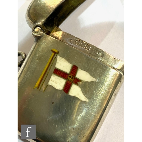 406 - A hallmarked silver vesta case with enamelled flag to front and presentation engraving to reverse, S... 