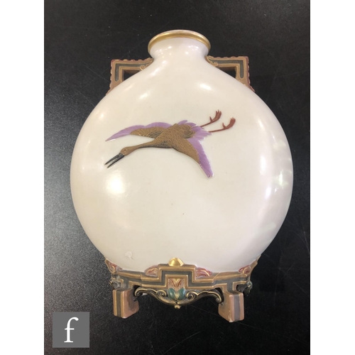 64 - A late 19th Century Royal Worcester Aesthetic twin handled moon flask decorated in relief with two e... 