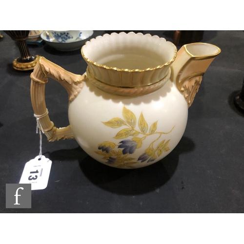 13 - A Royal Worcester shape 1382 blush ivory jug decorated with violets and foliage, the spout and handl... 