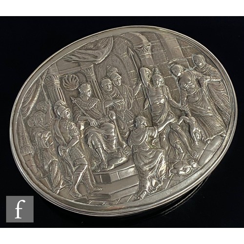 393 - A George III hallmarked silver oval box and cover depicting the Judgement of Solomon, weight 272g, l... 