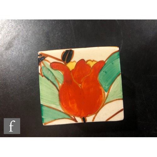 82 - A Clarice Cliff shape 458 square inkwell circa 1930, hand painted in the Red Tulip pattern with styl... 