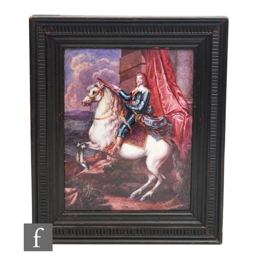 468 - A 19th Century Battersea enamel plaque depicting Charles I on horseback after a painting by Van Dyck... 