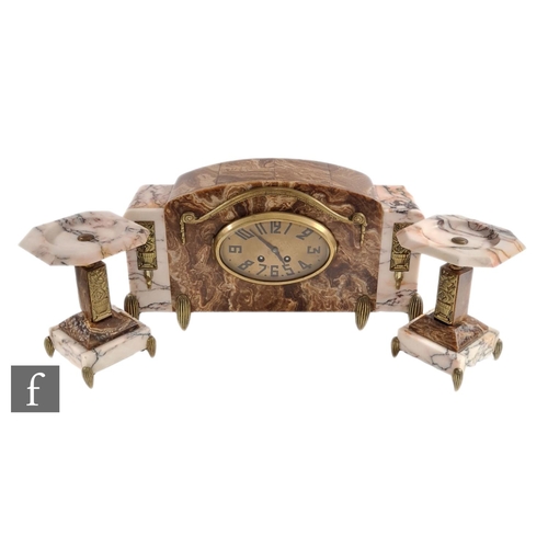 470 - An French Art Deco coloured marble clock garniture with eight day movement striking on a bell oval d... 