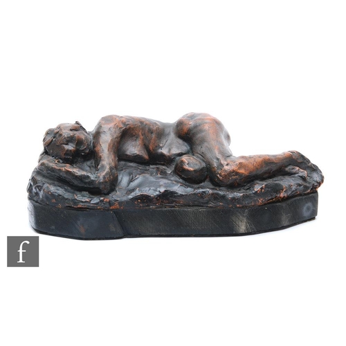 9161 - A 20th Century bronzed terracotta figure of a sleeping female, titled Janet Sleeping, width 32cm.