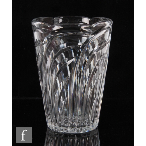 9061 - An Edinburgh crystal cut glass vase of tumbler form with curved liner decoration, acid etched mark, ... 