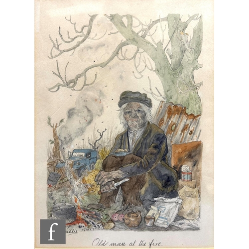 9099 - BESHLIE HERON - 'Old Man at the Fire' watercolour book illustration, signed, framed 22cm x 15cm, fra... 