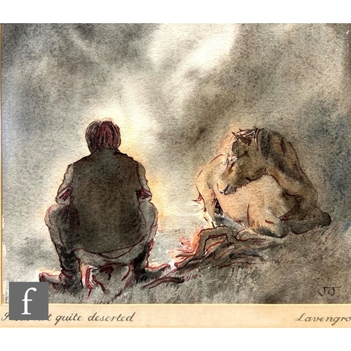 9099 - BESHLIE HERON - 'Old Man at the Fire' watercolour book illustration, signed, framed 22cm x 15cm, fra... 