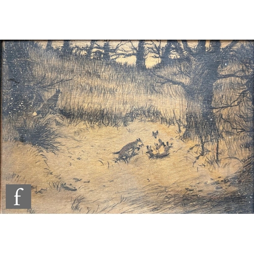 9104 - AFTER CECEIL ALDIN (1870-1935) - Foxes playing in a woodland clearing, print on wood panel with hand... 