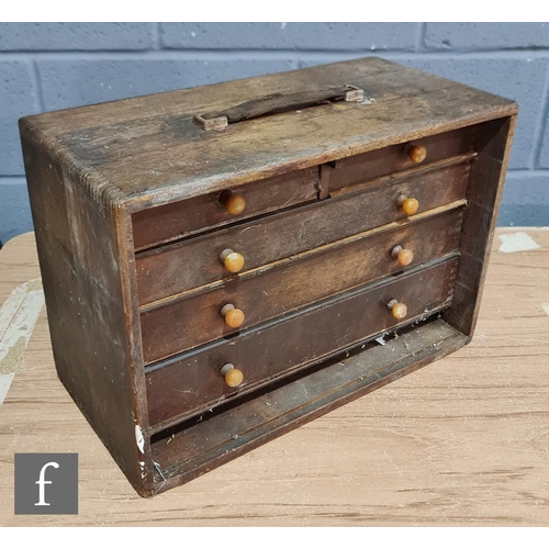 9166 - A 1930s or later wooden cased portable tool chest, fitted with drawers containing Micrometers and so... 