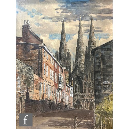 9110 - R. DICKENS - Lichfield Cathedral, watercolour and bodycolour, signed and dated 1965, framed, 74cm x ... 