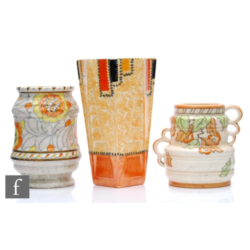 9172 - Three pieces of 1930s Art Deco Charlotte Rhead for Crown Ducal comprising a Tudor Rose pattern barre... 