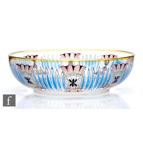 13 - Haida - An early 20th Century glass bowl of circular section, hand enamel decorated with a band of s... 