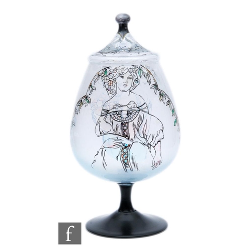 1356 - Unknown - A large Art Nouveau style Czechoslovakian glass lidded jar, of ovoid form, decorated with ... 