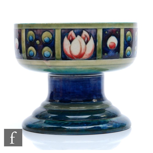 201 - William Moorcroft - A chalice vase decorated in the Art Deco Peacock Feathers pattern with a wide ba... 