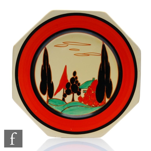 281 - Clarice Cliff - Red Trees & House - A large octagonal plate circa 1930, hand painted with a styl... 