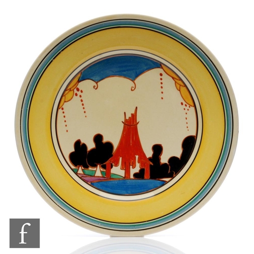 296 - Clarice Cliff - Summerhouse - A large circular plate circa 1931, hand painted with a stylised garden... 