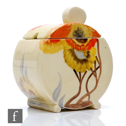 342 - Clarice Cliff - Rhodanthe - A Bon Jour shape preserve pot and cover circa 1934, hand painted with a ... 