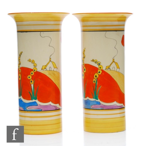 343 - Clarice Cliff - Bridgewater - A matched pair of shape 195 vases circa 1934, each hand painted with a... 