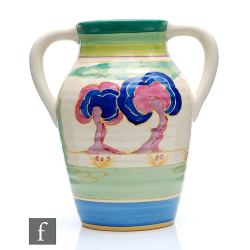 351 - Clarice Cliff - Oasis - A double handled Isis vase circa 1933, hand painted with a stylised landscap... 