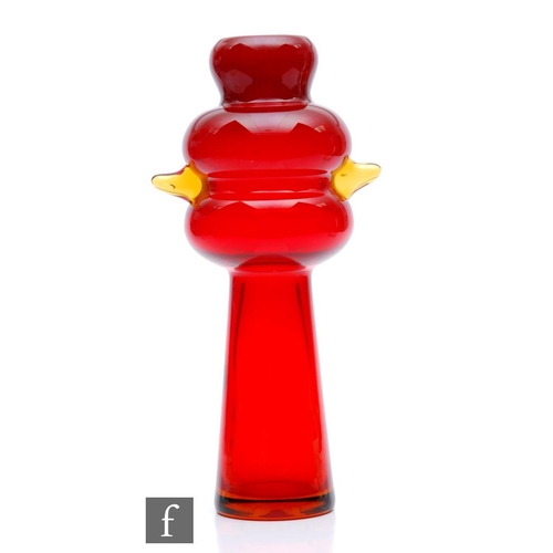 973 - Unknown - A large 1970s Czech glass vase of tapered sleeve form with triple gourd form in bright red... 