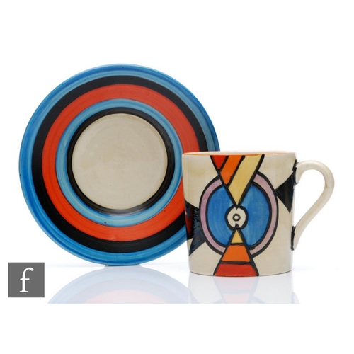 356 - Clarice Cliff - Lightning - A Tankard shape coffee can and saucer circa 1930, hand painted with an a... 