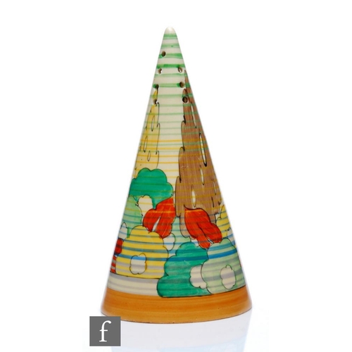 314 - Clarice Cliff - Capri Green - A conical sugar sifter circa 1934, hand painted with a stylised garden... 