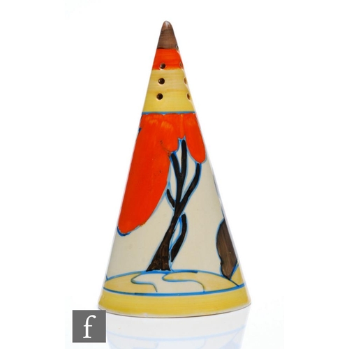 332 - Clarice Cliff - Orange Autumn - A conical sugar sifter circa 1931, hand painted with a stylised tree... 